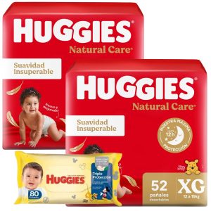 combo 2 pañales huggies natural care + toallitas humedas triple proteccion