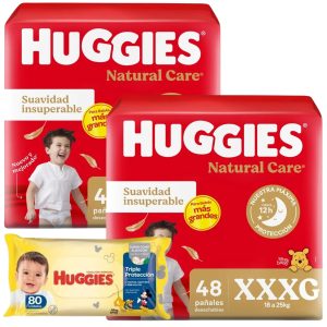 combo 2 pañales huggies natural care + toallitas humedas triple proteccion