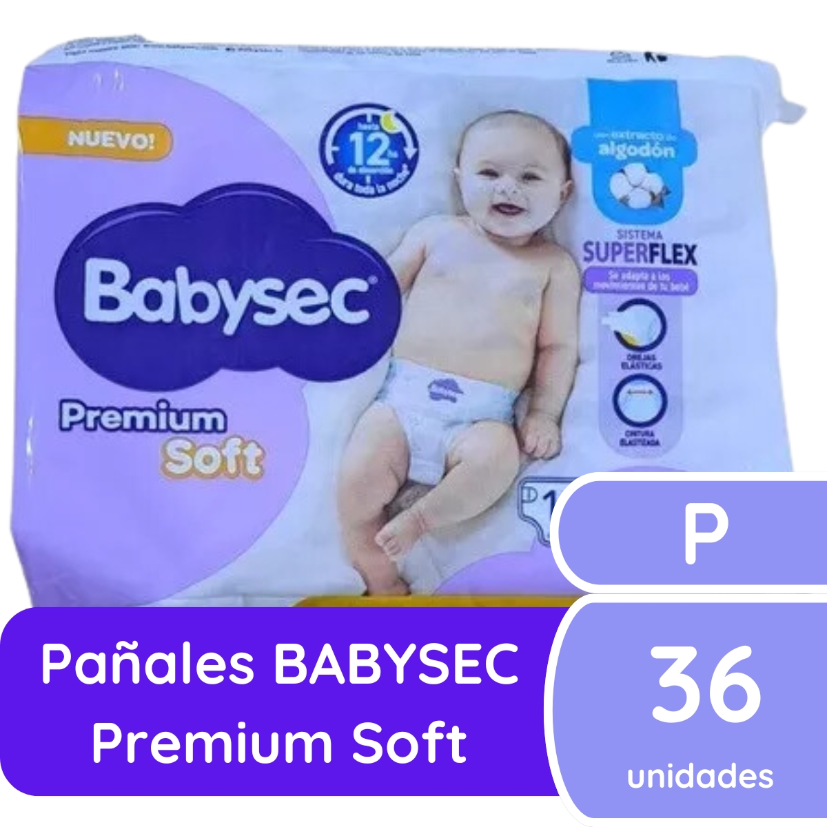 Imagen 1 de 1 de Pañales Babysec Premium Soft Talle Pequeño (P) Hasta 6 kilos x36u