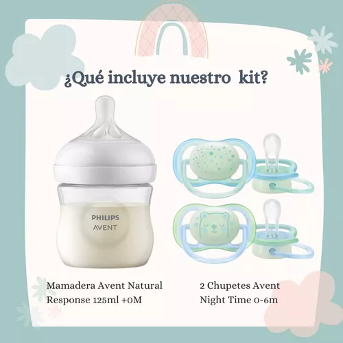Imagen 2 de 7 de Set Mamadera Avent 125ml Natural + Chupete Night Time 0-6 Meses x2