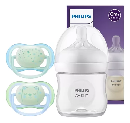 Imagen 1 de 7 de Set Mamadera Avent 125ml Natural + Chupete Night Time 0-6 Meses x2