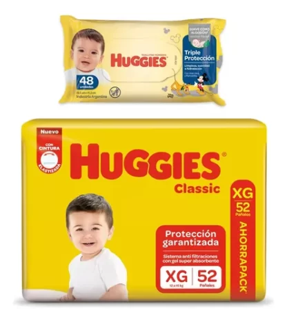 Imagen 2 de 3 de Combo Pañales Huggies Classic XG x 52u + Toallitas húmedas triple protección x 48u
