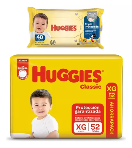 Imagen 2 de 3 de Pañales Huggies Classic XG 52 unidades + Toallitas Triple Protección x 48u