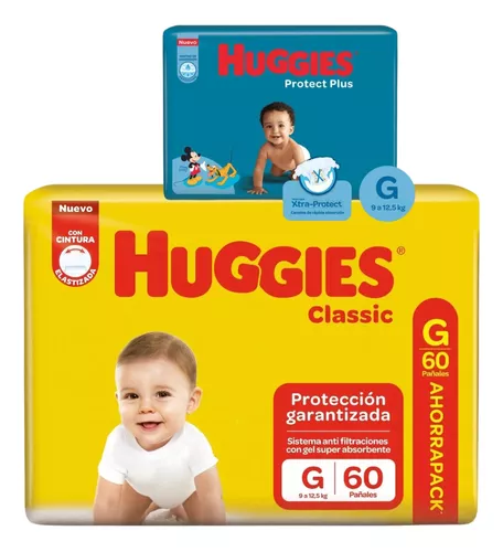 Imagen 1 de 3 de Pañales Huggies Classic G 60 unidades + Protect Plus x 8u de regalo