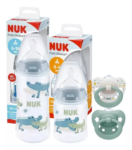 Imagen 1 de 10 de Set Mamaderas Nuk First Choice 150mL + 300mL + 2 Chupetes Signature 0 a 6 meses