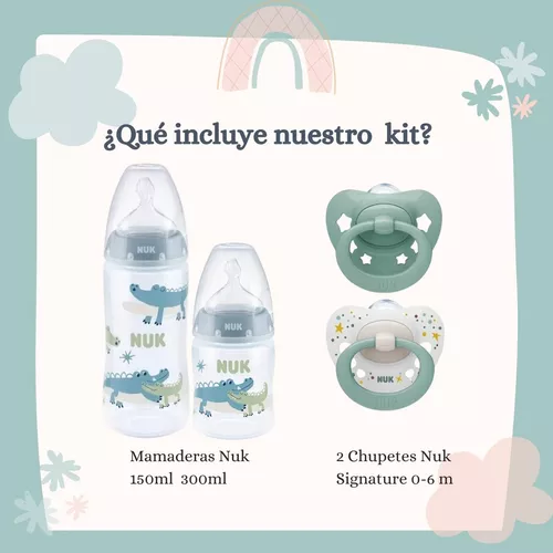 Imagen 2 de 10 de Set Mamaderas Nuk First Choice 150mL + 300mL + 2 Chupetes Signature 0 a 6 meses