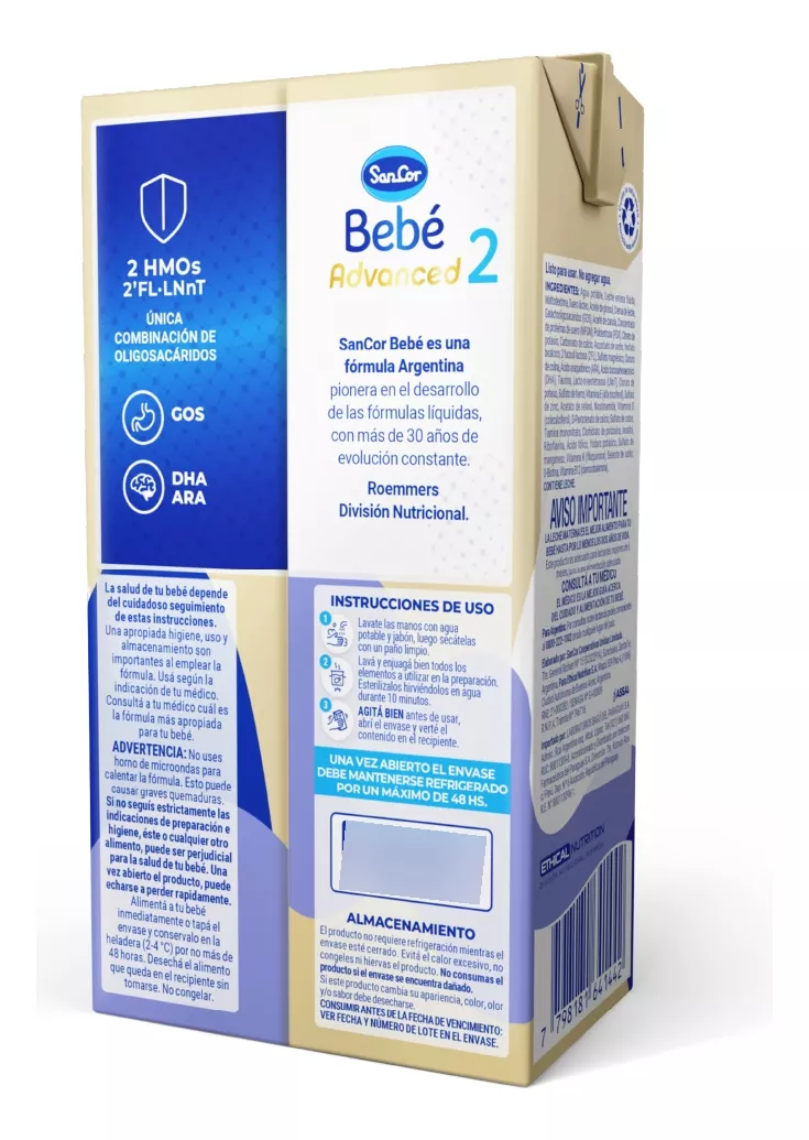 Imagen 3 de 3 de Leche líquida Sancor Bebe 2 Advanced Formula (Caja x 12 bricks de 500mL)