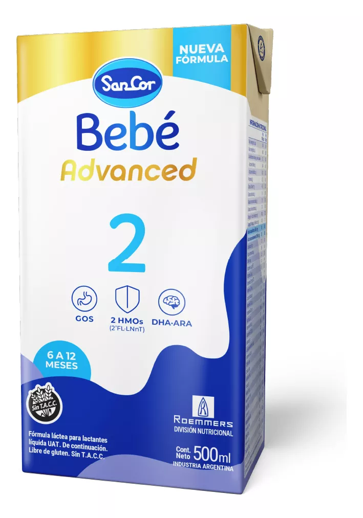 Imagen 2 de 3 de Leche líquida Sancor Bebe 2 Advanced Formula (Caja x 12 bricks de 500mL)