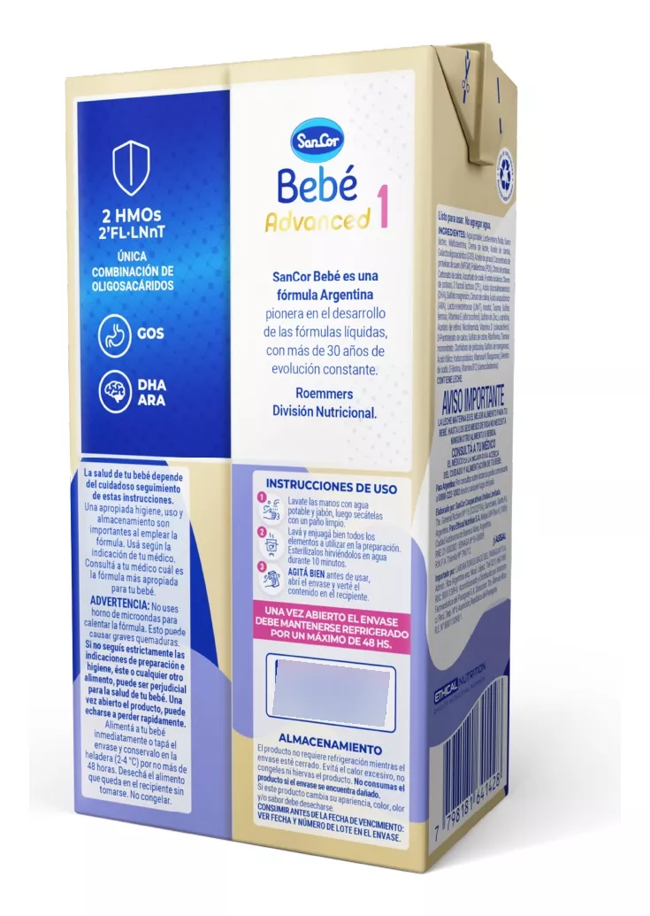 Imagen 3 de 3 de Leche líquida Sancor Bebe Advanced 1 (Caja x 12 bricks de 500mL)