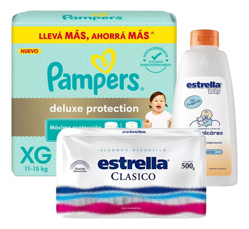 Imagen 1 de 5 de Combo Pañales Pampers Deluxe Protection XG x 96u + Algodón clásico 500gr + Óleo calcáreo 950ml