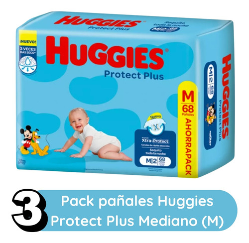 Imagen 2 de 9 de Combo x3 Pañales Huggies Protect Plus M x 68u