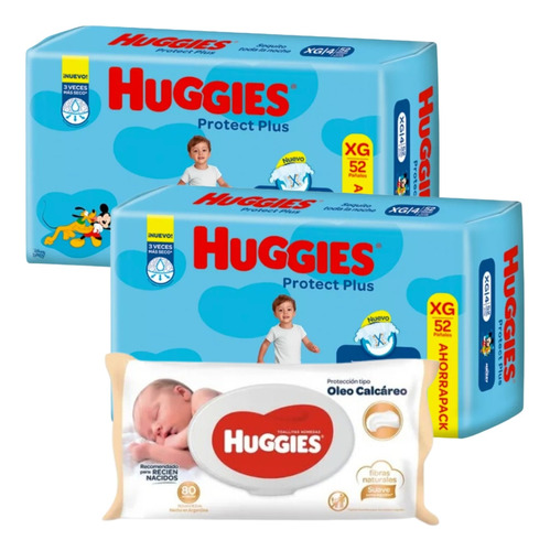 Imagen 1 de 1 de Combo x2 Pañales Huggies Protect Plus + Toallitas Humedas con óleo calcáreo x 80u