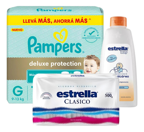 Imagen 1 de 5 de Combo Pañales Pampers Deluxe Protection G x 110u + Algodón clásico 500gr + Óleo calcáreo 950ml