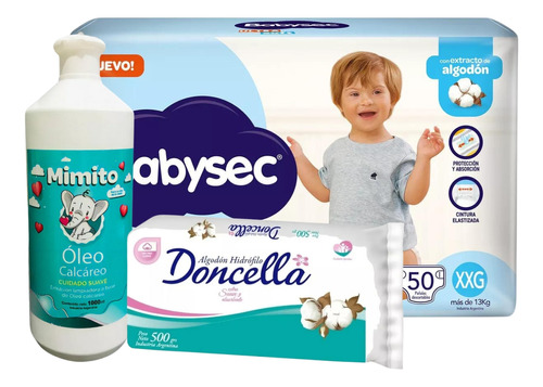 Imagen 1 de 5 de Combo Pañales Babysec Ultrasoft XXG 50u + Algodón 500gr + Oleo 1lt