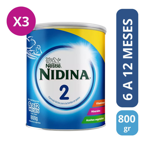 Imagen 2 de 3 de Combo x3 Leche En Polvo Nidina 2 Lata x 800g