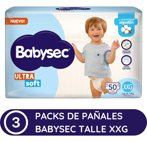 Imagen 2 de 3 de Combo x3 Pañales Babysec Ultrasoft XXG 50u