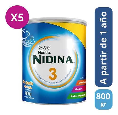 Imagen 2 de 3 de Combo x5 Leche En Polvo Nidina 3 Lata x 800g