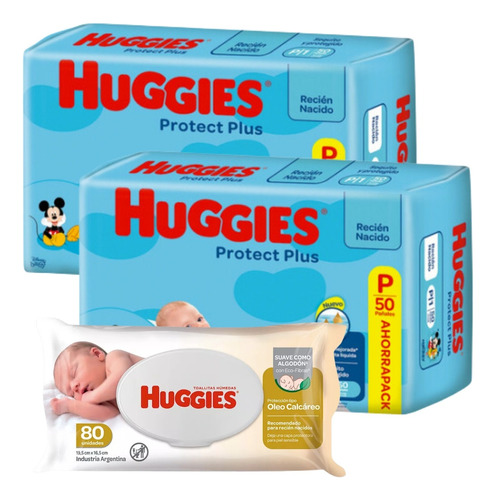 Imagen 1 de 8 de Combo x2 Pañales Huggies Protect Plus P + Toallitas húmedas con óleo calcáreo x 80u