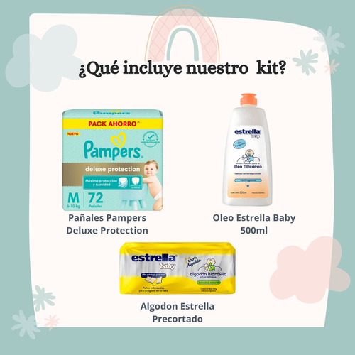 Imagen 2 de 5 de Combo Pañales Pampers Deluxe M x 72u + Algodón precortado + Óleo calcareo