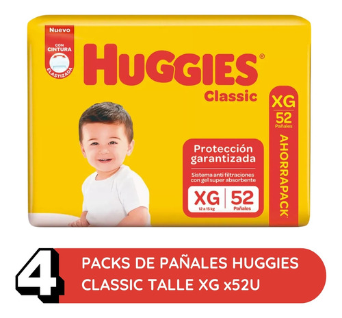 Imagen 2 de 3 de Combo x4 Pañales Huggies Classic XG x 52u