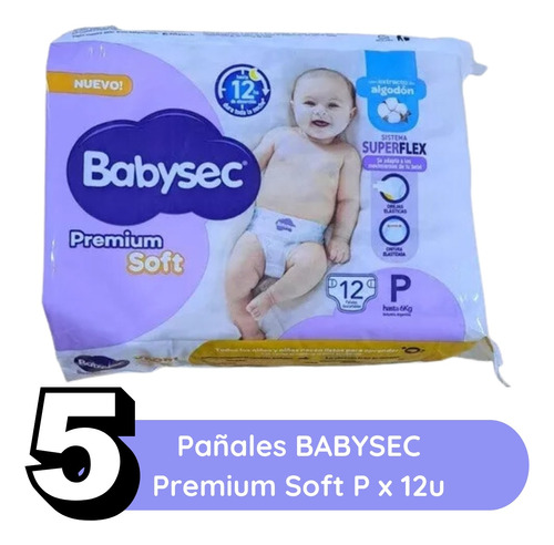 Imagen 2 de 3 de Combo x5 Pañales Babysec Premium Soft P x 12u