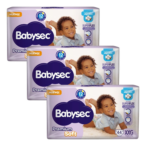 Imagen 1 de 2 de Combo x3 Pañales Babysec Premium Soft XXG x 44u