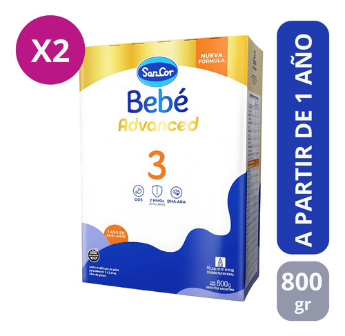 Imagen 2 de 5 de Combo x2 Leche En Polvo Sancor Bebe Advanced 3 estuches x 800gr