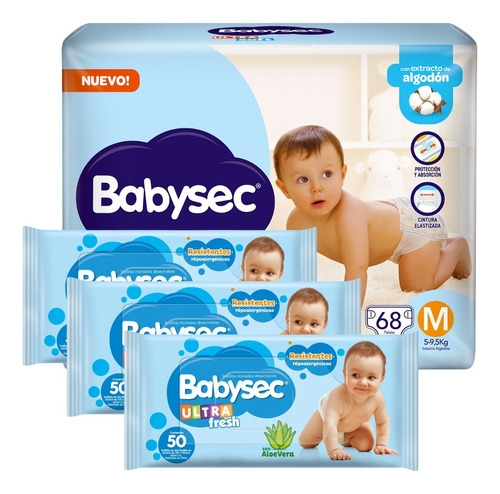Imagen 1 de 1 de Combo Pañales Babysec Ultra Soft + 3 Toallitas húmedas (M, G, XG, XXG)