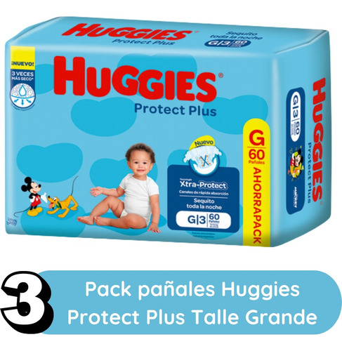 Imagen 2 de 9 de Set 3 Pack Pañales Huggies Protect Plus Grande Talle G