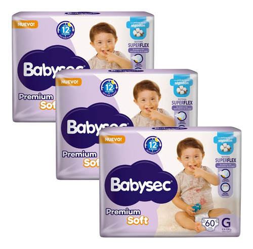 Imagen 1 de 2 de Combo x3 Pañales Babysec Premium Soft G x60u