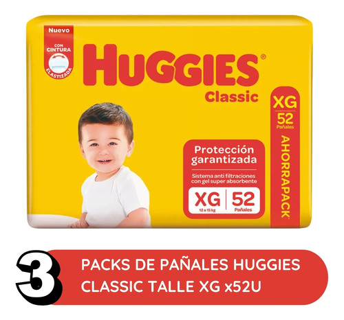 Imagen 2 de 3 de Combo x3 Pañales Huggies Classic XG x 52u