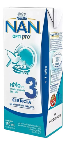 Imagen 2 de 4 de Combo x48 Leche Liquida Nan Optipro 3 Brick 190ml