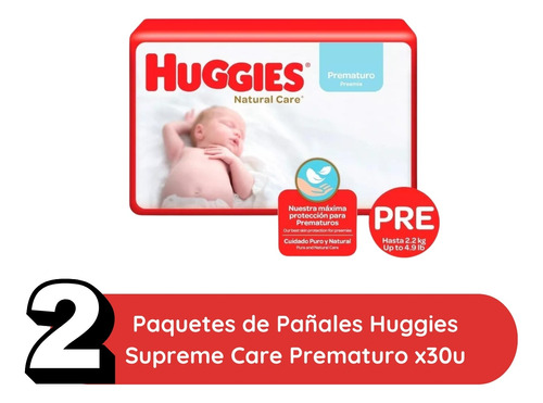 Imagen 2 de 3 de Combo x2 Pañales Huggies Supreme Care Pre x 30u