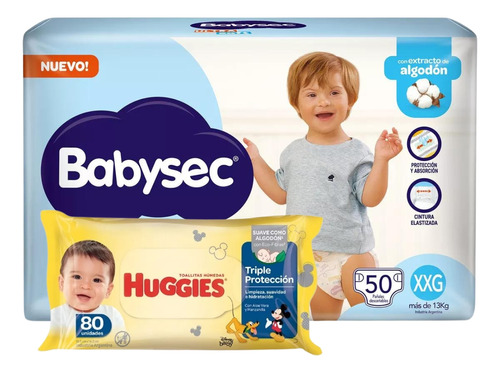 Imagen 1 de 4 de Combo Pañales Babysec Ultrasoft XXG x 50u + Toallitas húmedas triple protección 80u