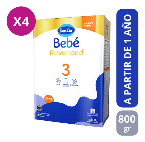 Imagen 2 de 5 de Combo x4 Leche En Polvo Sancor Bebe Advanced 3 estuches x 800gr 