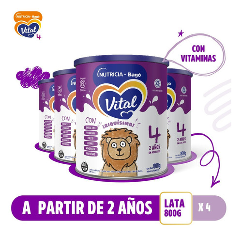 Imagen 2 de 7 de Combo x4 Leche En Polvo Vital 4 lata 800gr