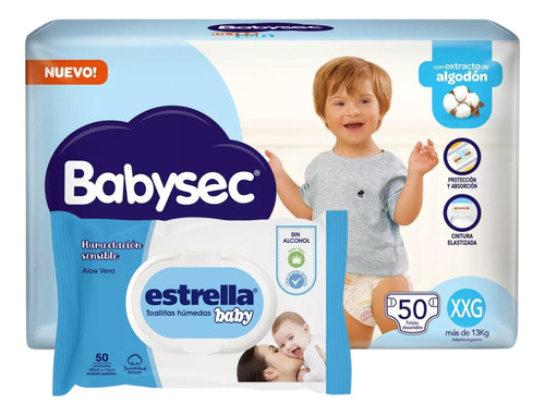 Imagen 1 de 4 de Combo Pañales Babysec Ultrasoft XXG x 50u + Toallitas húmedas x 50u