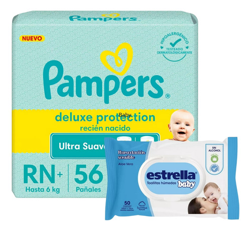 Imagen 1 de 4 de Combo Pañales Pampers Deluxe Protection RN x 56u + Toallitas húmedas Estrella x 50u