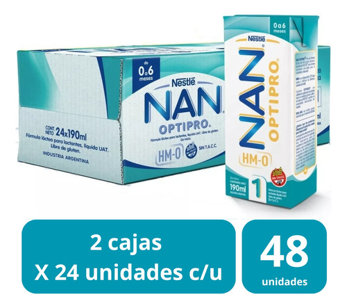 Imagen 1 de 3 de Combo x48 Leche Liquida Nan Optipro 1 Brick 190ml