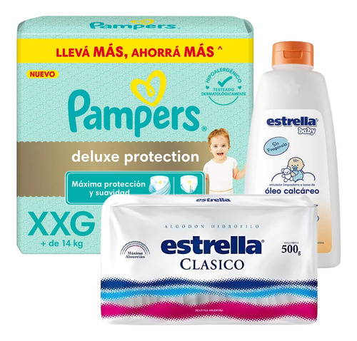 Imagen 1 de 5 de Combo Pañales Pampers Deluxe Protection XXG x 88u + Algodón clásico 500gr + Oleo calcáreo Estrella 950mL