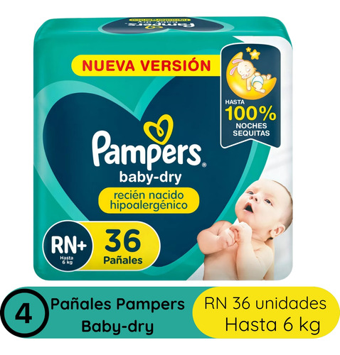 Imagen 2 de 3 de Combo x4 Pañales Pampers Babydry RN+ 36u