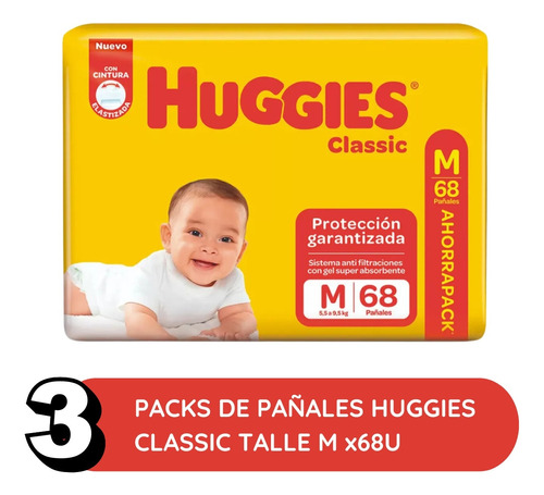 Imagen 2 de 3 de Combo x3 Pañales Huggies Classic M x 68u