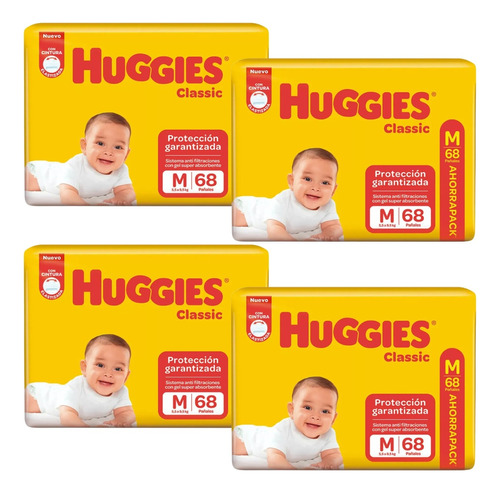 Imagen 1 de 3 de Combo x4 Pañales Huggies Classic M x 68u