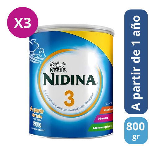 Imagen 2 de 3 de Combo x3 Leche En Polvo Nidina 3 Lata x 800g