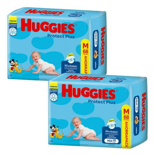 Imagen 1 de 9 de Combo x2 Pañales Huggies Protect Plus M x 68u