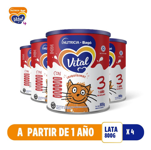 Imagen 2 de 4 de Combo x4 Leche En Polvo Vital 3 lata 800gr