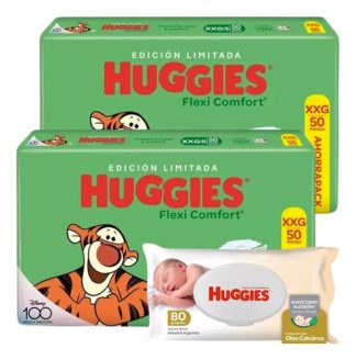 Imagen 1 de Pack 2 Pañales Huggies Flexi Verde Con Toallitas Humedas 80u