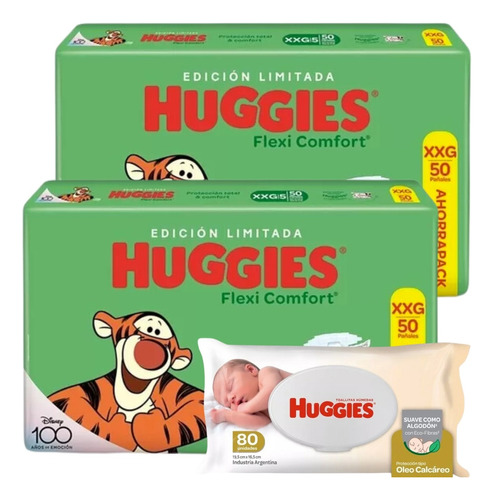 Imagen 1 de 1 de Combo x2 Pañales Huggies Flexi Comfort + Toallitas húmedas con óleo calcáreo x 80u