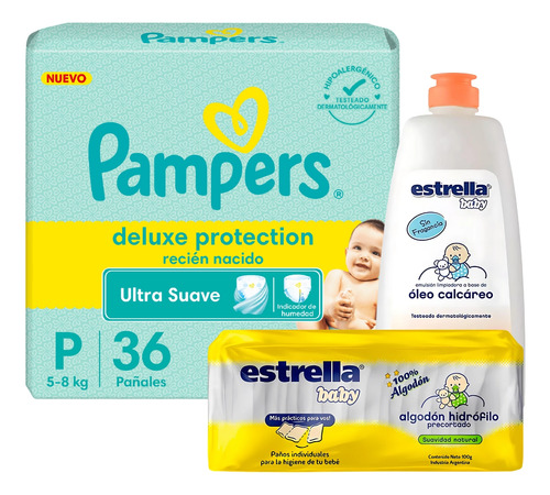 Imagen 1 de 5 de Combo Pañales Pampers Deluxe P x 36u + Algodón precortado + Óleo calcáreo