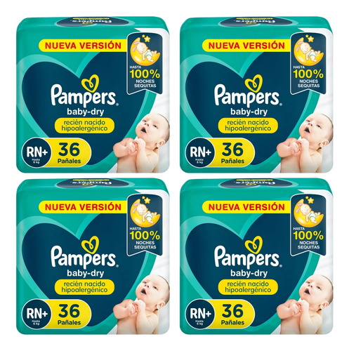 Imagen 1 de 3 de Combo x4 Pañales Pampers Babydry RN+ 36u